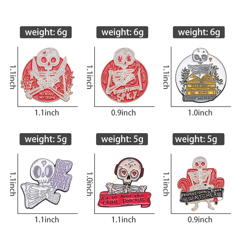 Skeleton Series Enamel Pin Read Books Be Kind Stay Weird No Body No Crime Punk Brooch Lapel Metal Badge Jewelry Gift For Friends
