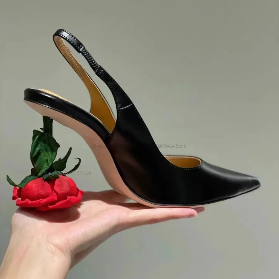 Flower Decor Matte Leather Pumps Hollow Cut Heel Women Shoes Slip On Rosy Heels Pointed Toe Novel Fashion Sexy Zapatillas Mujer