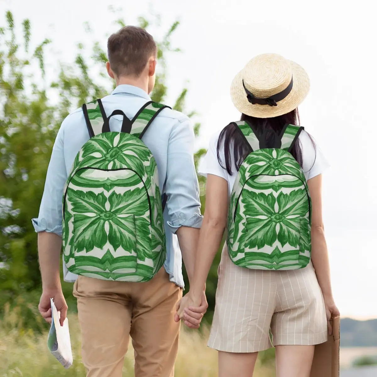 Green Ornate Floral Mediterranean Sicilian Tile Backpack School Bag Hiking Travel Daypack for Men Women Bookbag Shoulder Bags