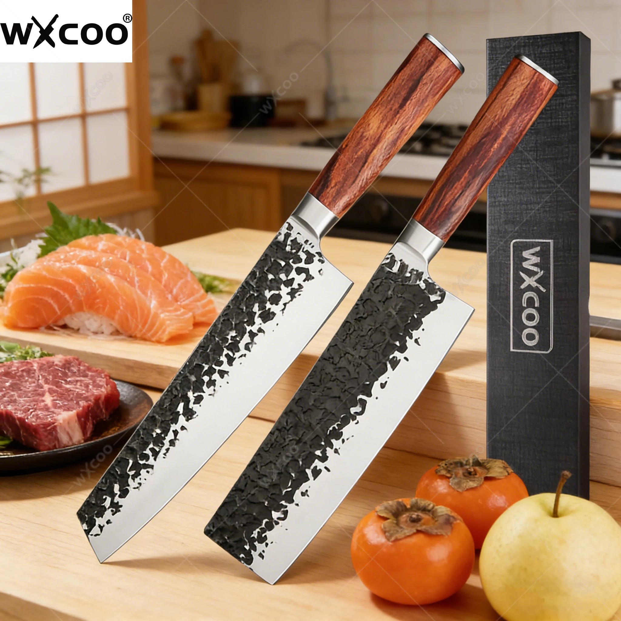 

WXCOO 5cr15MOV Stainless Steel Chef's Knife Hand-forged Hammered Japanese Kitchen Knife Santoku Knife for Slicing Meat with Box