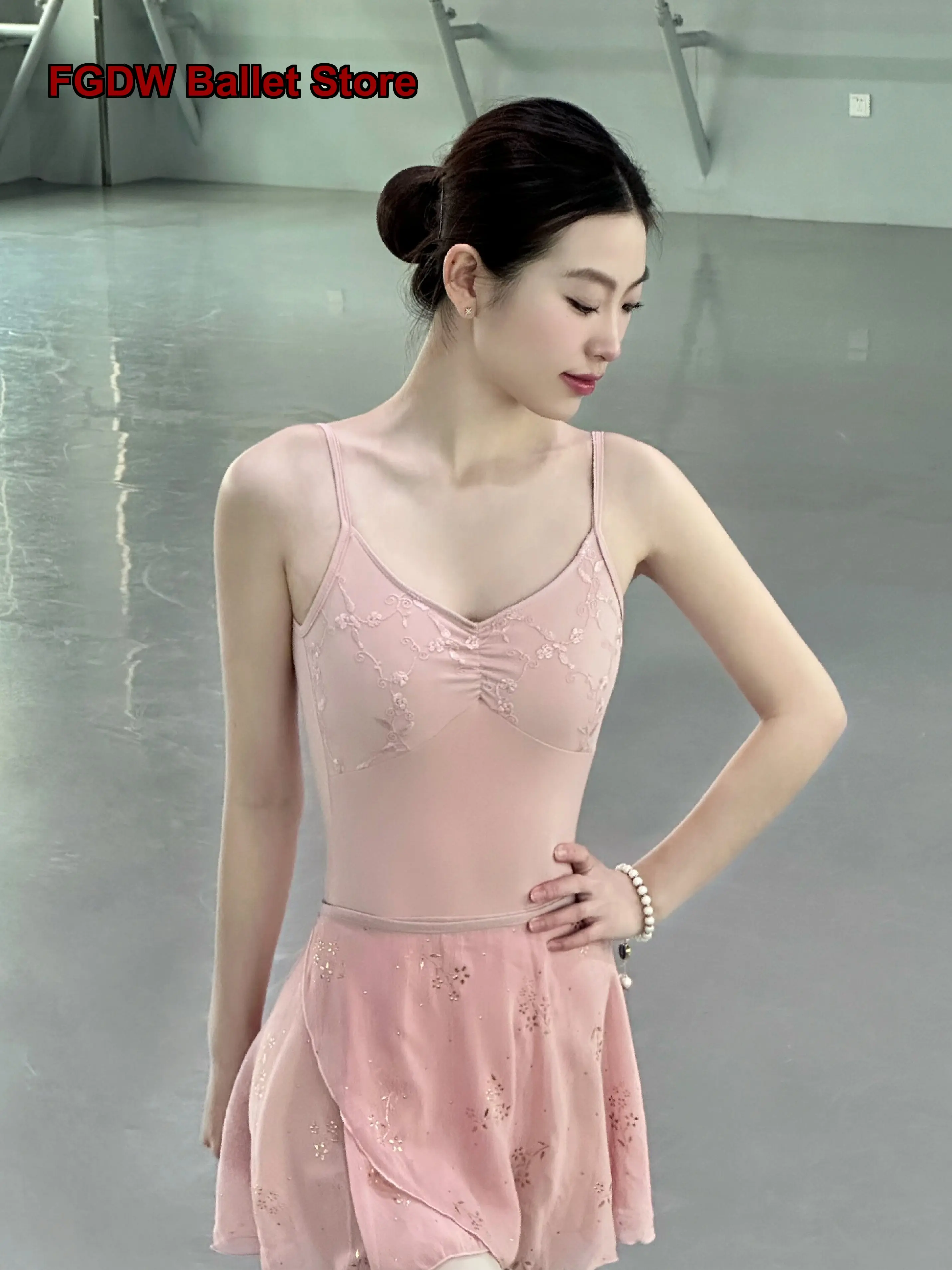 Women's Adult Dance Dress Embroidered Spaghetti Strap Body Suit Practice Leotard Art Exam One-Piece Dress Aerial Yoga Unitard