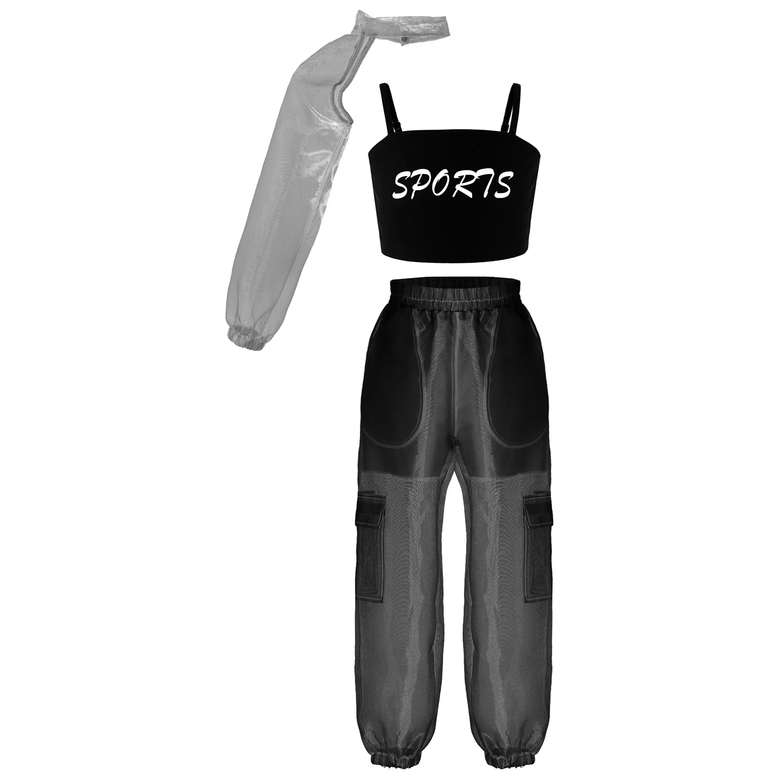 

Kids Girls Hip Hop Clothes Outfit Modern Street Dance Costumes Tank Top with Detachable Sleeve Pants Set for Dance Performance