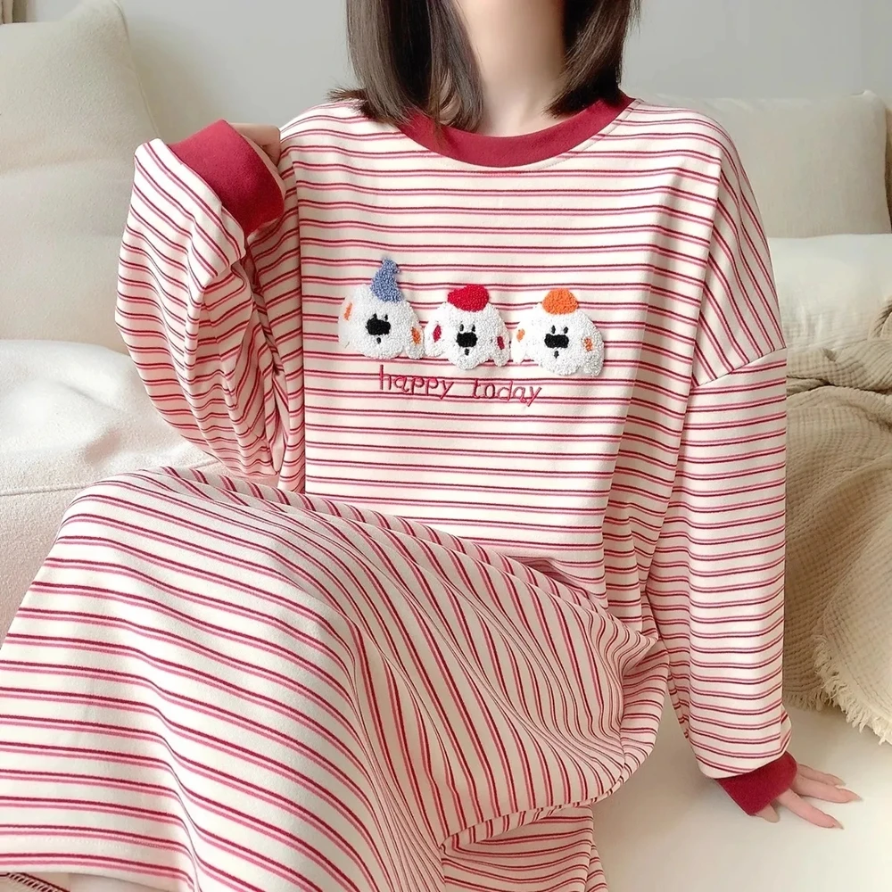 

Plus Size 5XL 150KG Autumn Winter Warm NightDress Long Sleeve Striped Fleece Nightgown Thick Dress Casual Loose Waist Home Wear