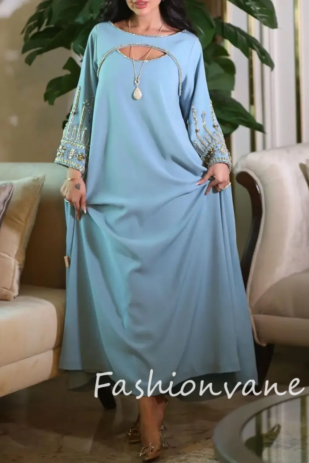 Fashionvane 2024 Aangepaste Saudi Arabië A-lijn Lange Mouwen Kralen Enkellange Prom Jurk Avondfeest Jurk Formele Gown