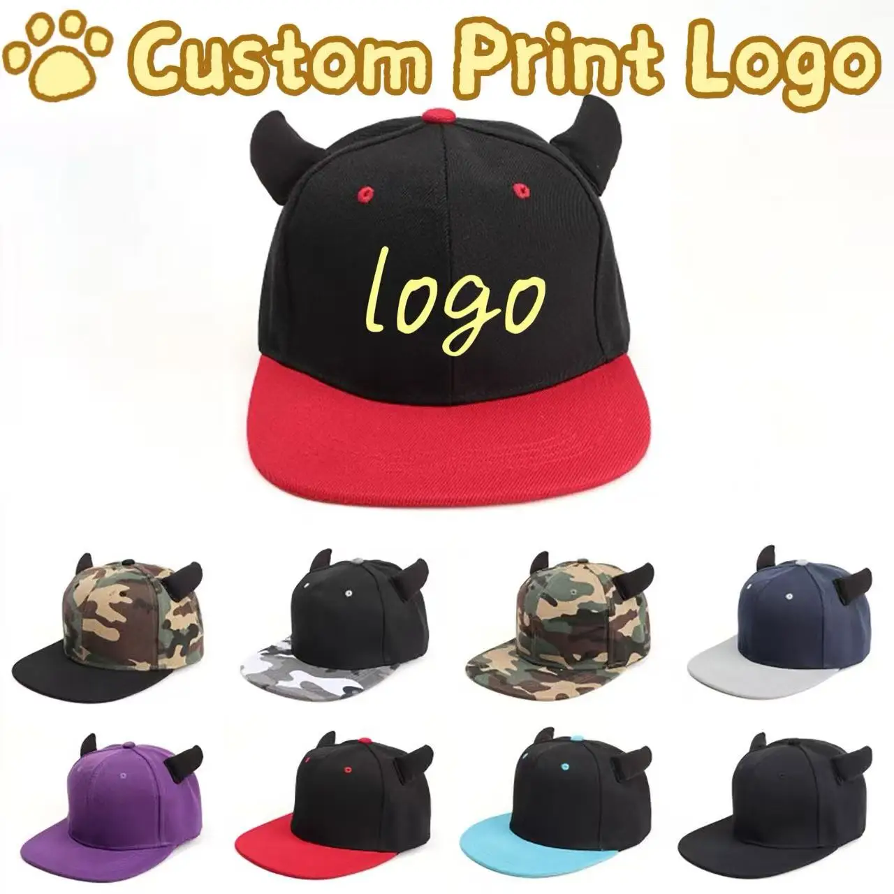 Customized Printed Logo Tidal Current Ox Horn Flat Brimmed Caps Men's And Women's Fashionable Devil Horn Camouflage Hip-Hop Hats