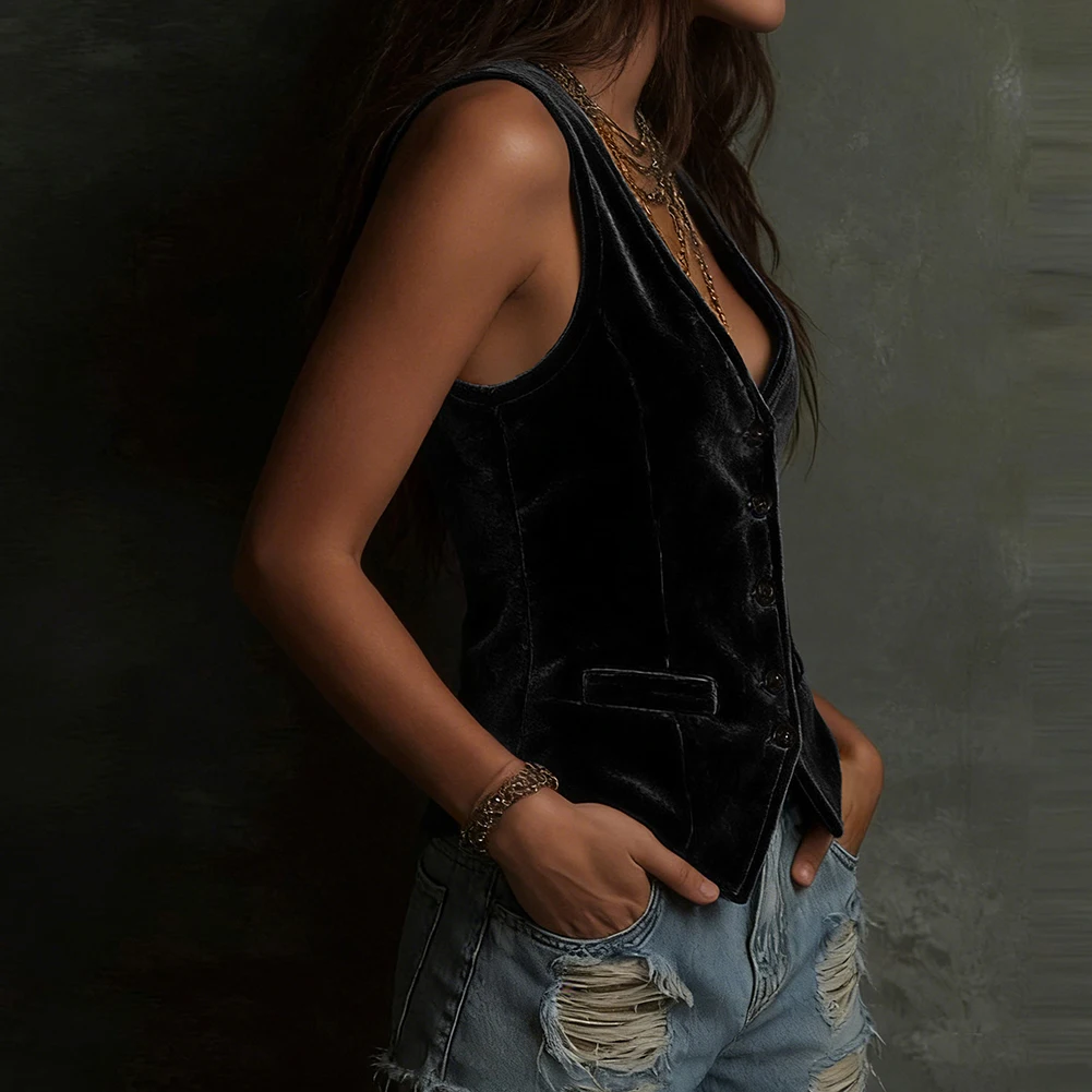 Retro Velvet Vest for Women Featuring Sleeveless Construction V Neck and Slim Fit Cut for Office and Street Fashion