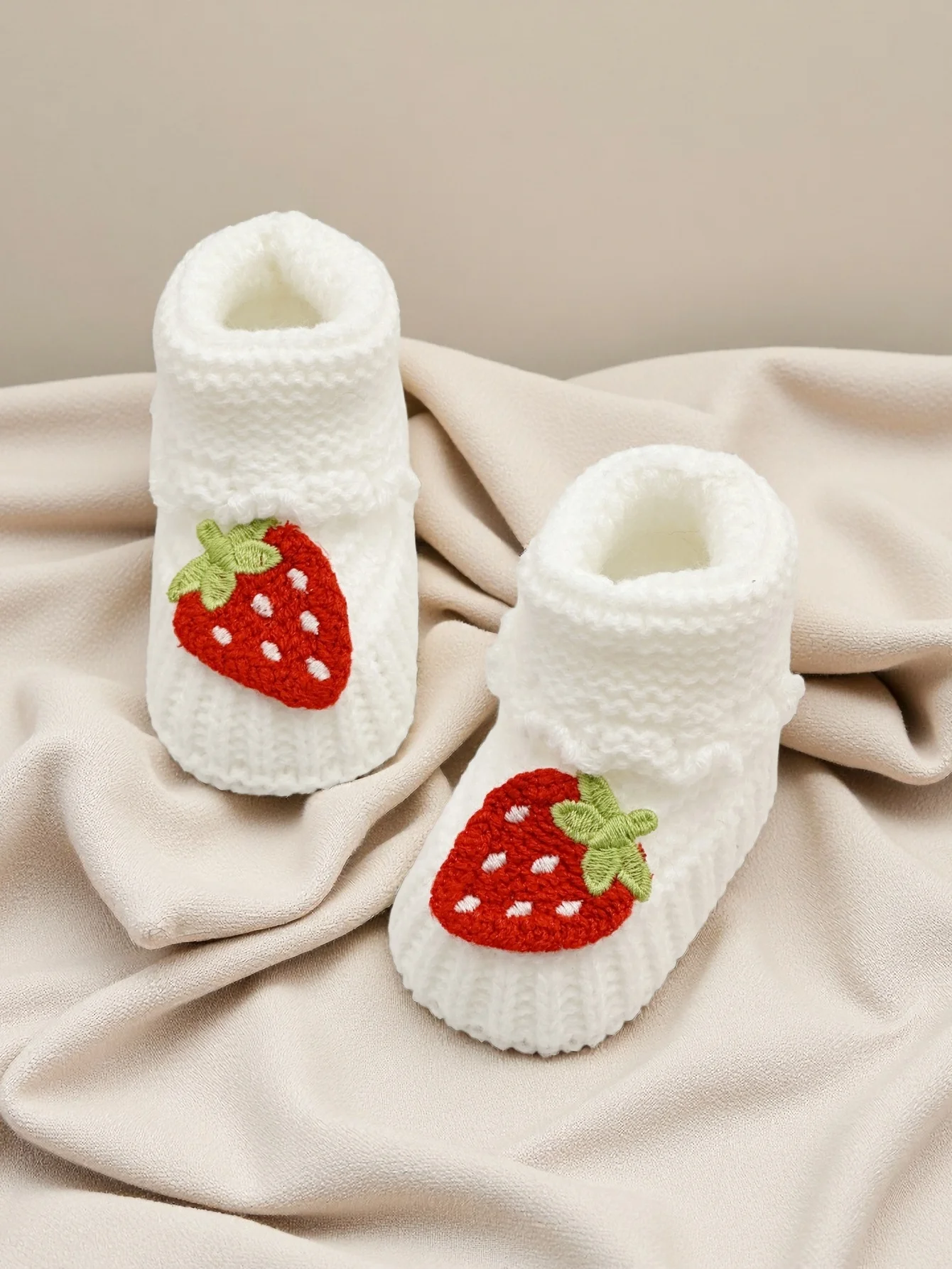 

1 Pair Handmade Crochet Baby Booties with Strawberry Embroidery, White Knit Newborn Shoes, Soft Infant Footwear