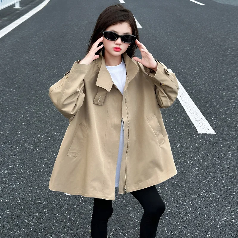 4-14 Years Girls Autumn Coat Fashion Kids Windbreaker Long Sleeve Khaki Trench Jacket Children Clothing Turtleneck Outerwear