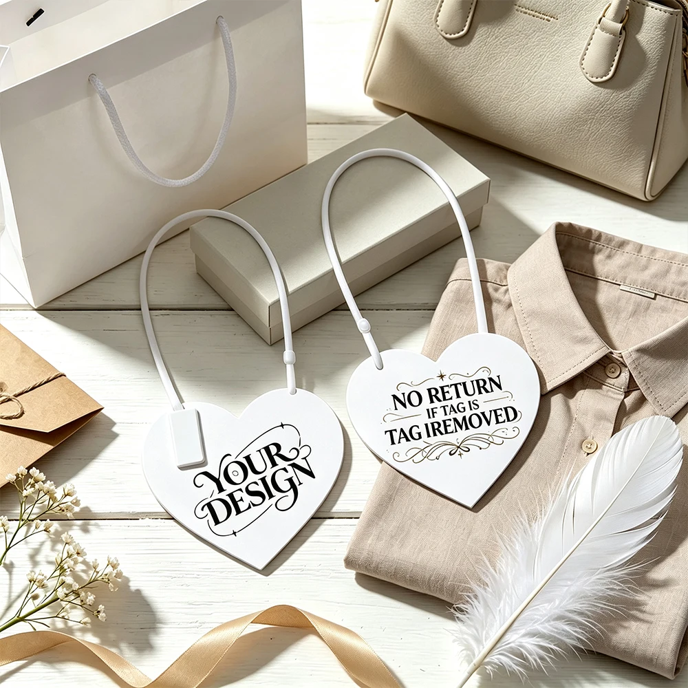 100 Stück personalisierte Kleidungsetiketten aus Kunststoff mit Sicherheitsdruck für Kleidung, Schuhe, Produkte, Logos, Herz-Geschenketiketten – Detail 6