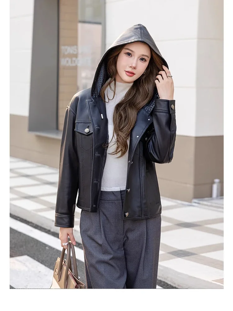 

Casual Hooded Genuine Leather Jackets for Women Spring Autumn 2026 New High-end Simple Loose Short Black Real Sheepskin Coat
