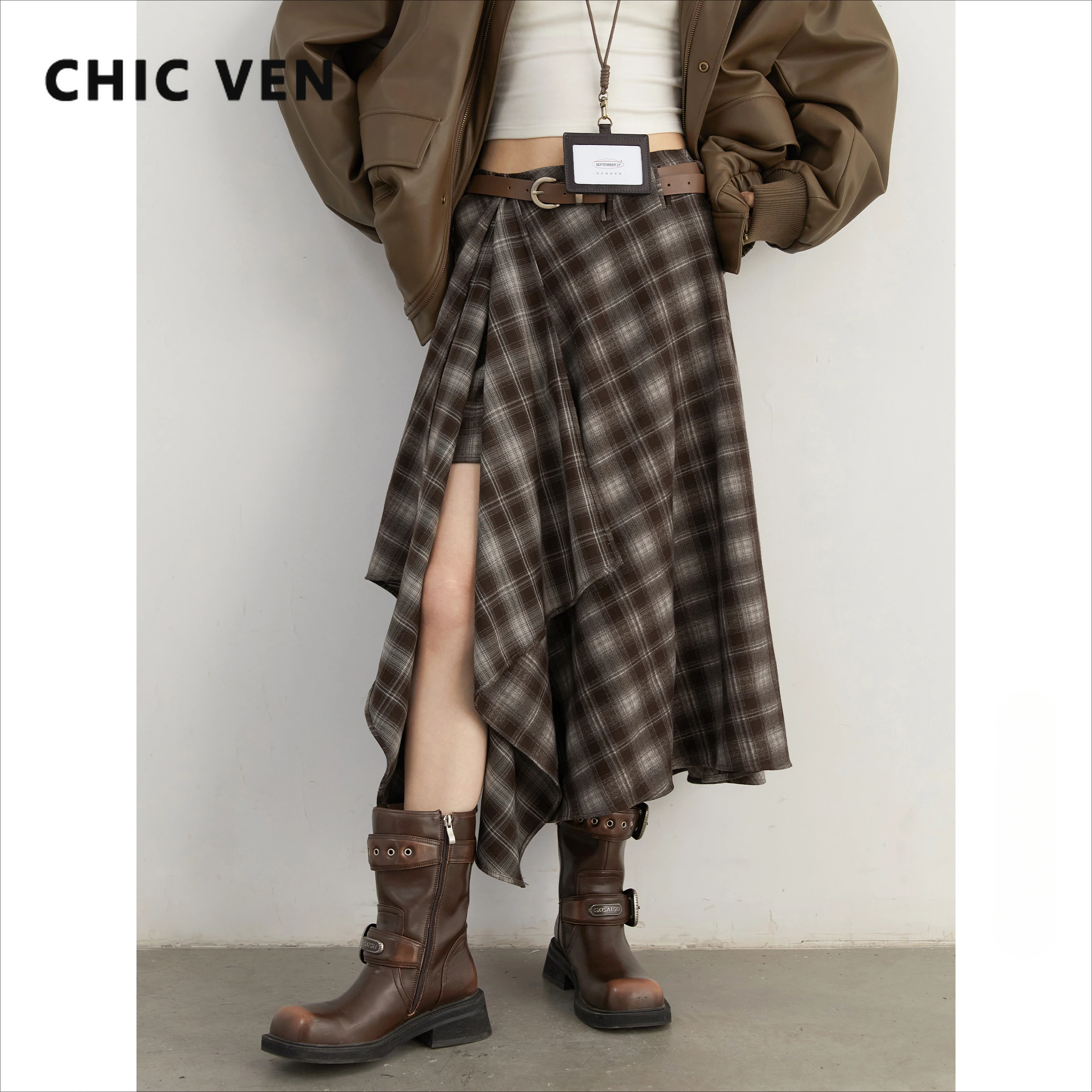 CHIC VEN Women Skirts A Line Retro Loose High Waist Irregular Color Plaid Frosted Half Body Long Ladies Skirt Winter 2024