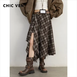 CHIC VEN Women Skirts A Line Retro Loose High Waist Irregular Color Plaid Frosted Half Body Long Ladies Skirt Autumn Winter 2026