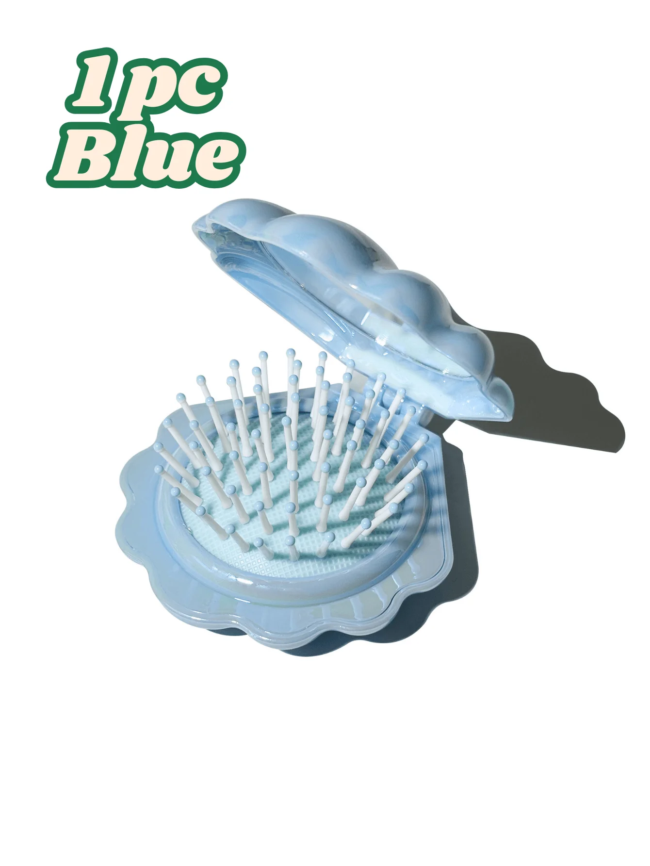 1-delige gegalvaniseerde schelpvormige draagbare make-upspiegel en kamset – opvouwbaar ontwerp, lichtgewicht kussen massagekam, gemakkelijk te stijgen haar onderweg, geschikt voor buitenavonturen en dagelijks gebruik – haarverzorgingstool