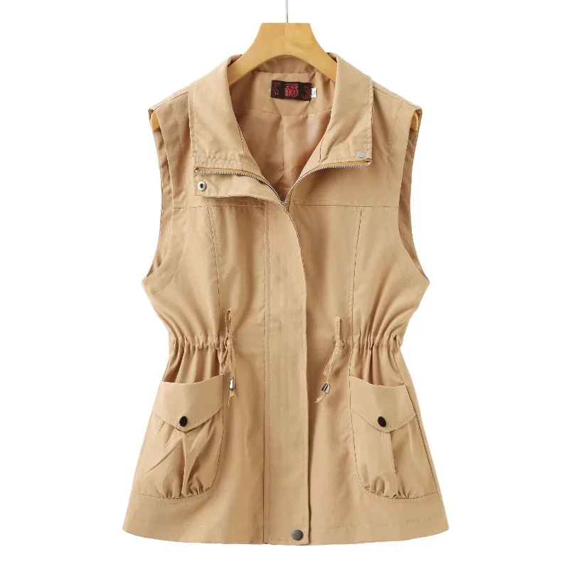 

Spring Autumn Jackets Sleeveless Cardigan Women Vest Zipper Lapel Thin Tops Coats Pockets Belt Outerwear Vest for Women New