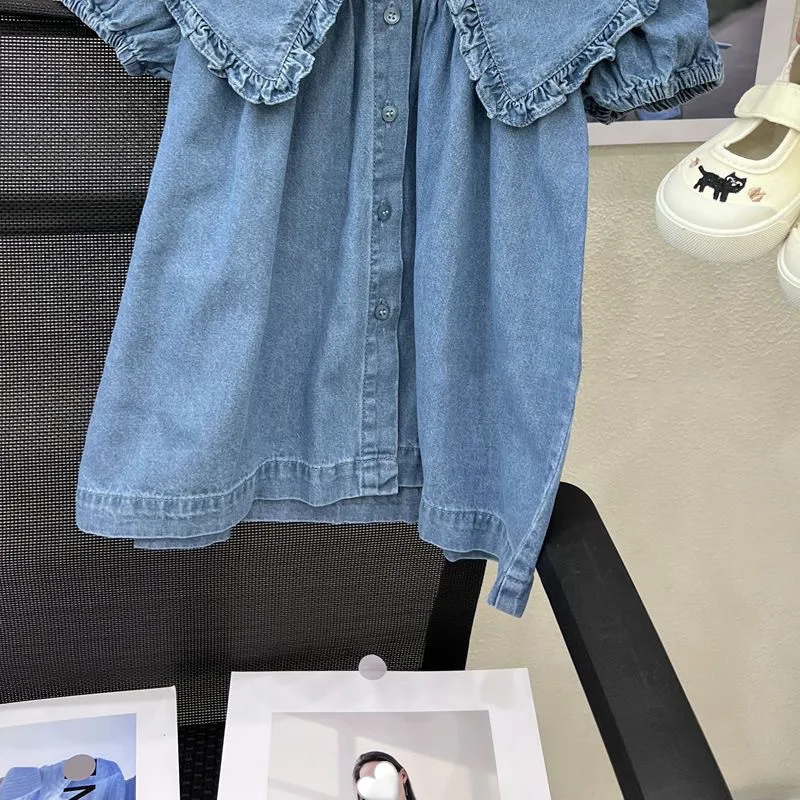 2024 Summer New Girl\'s puff sleeve dress Kids solid color denim princess party dress Baby girl big turn-down collar dress