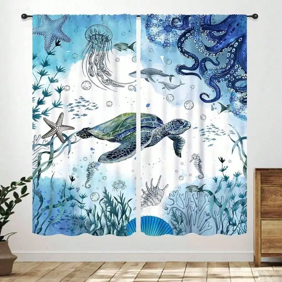 Sea Turtle Underwater Theme Blue Curtains Rod Pocket Window Drapes For Living Room Bedroom Bathroom
