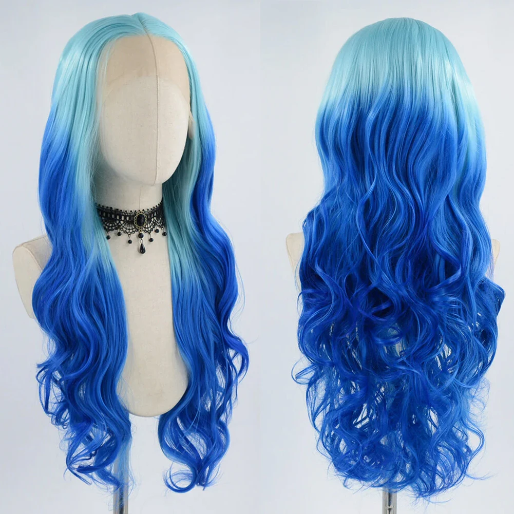 

UNIQUEWIG Ombre Blue Body Wave Lace Wig Long 26inch Synthetic Wigs for Women Free Part Natural Hairline Lace Front Wig Cosplay