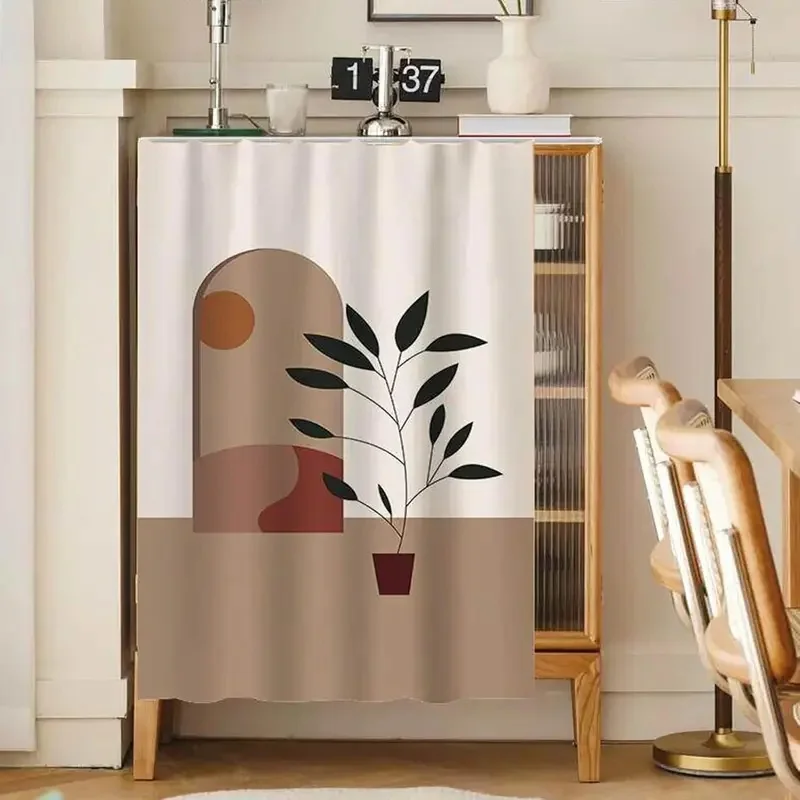 VIKAMA Boho Abstract Vase Plant Cabinet Curtain, Minimalist Sun Botanical Print Fabric Dust Cover for Sideboard Decor