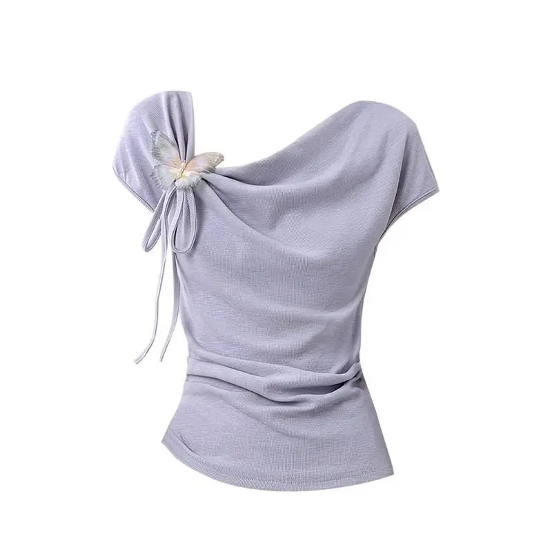 

Модная и стройнящая летняя футболка в французском стиле с драпированным воротником и 3D-рукавами для женщин