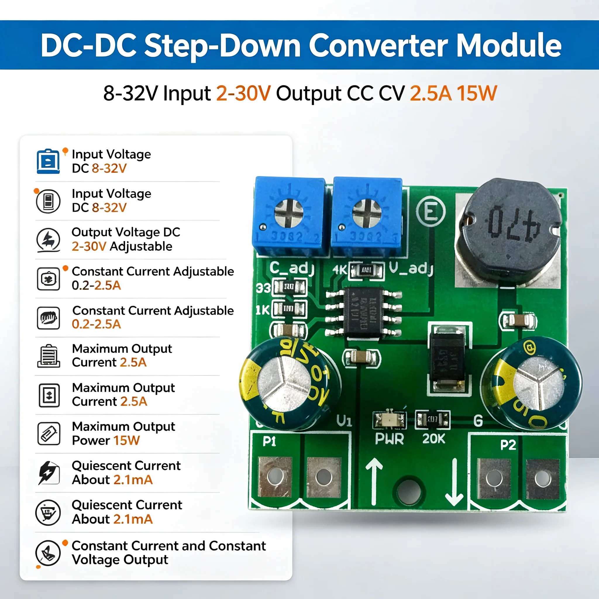 15W DC-DC Buck Converter 8-32V to 12V Adjustable Constant Current Voltage Regulator for LED And Motor Speed Control