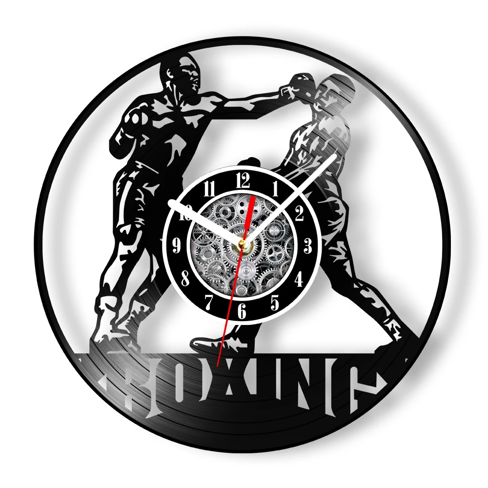 Boxing Gloves Laser Cut Longplay Wall Clock For Bedroom Man Cave Fighting Sports Motivational Artwork Vinyl Record Wall Clock