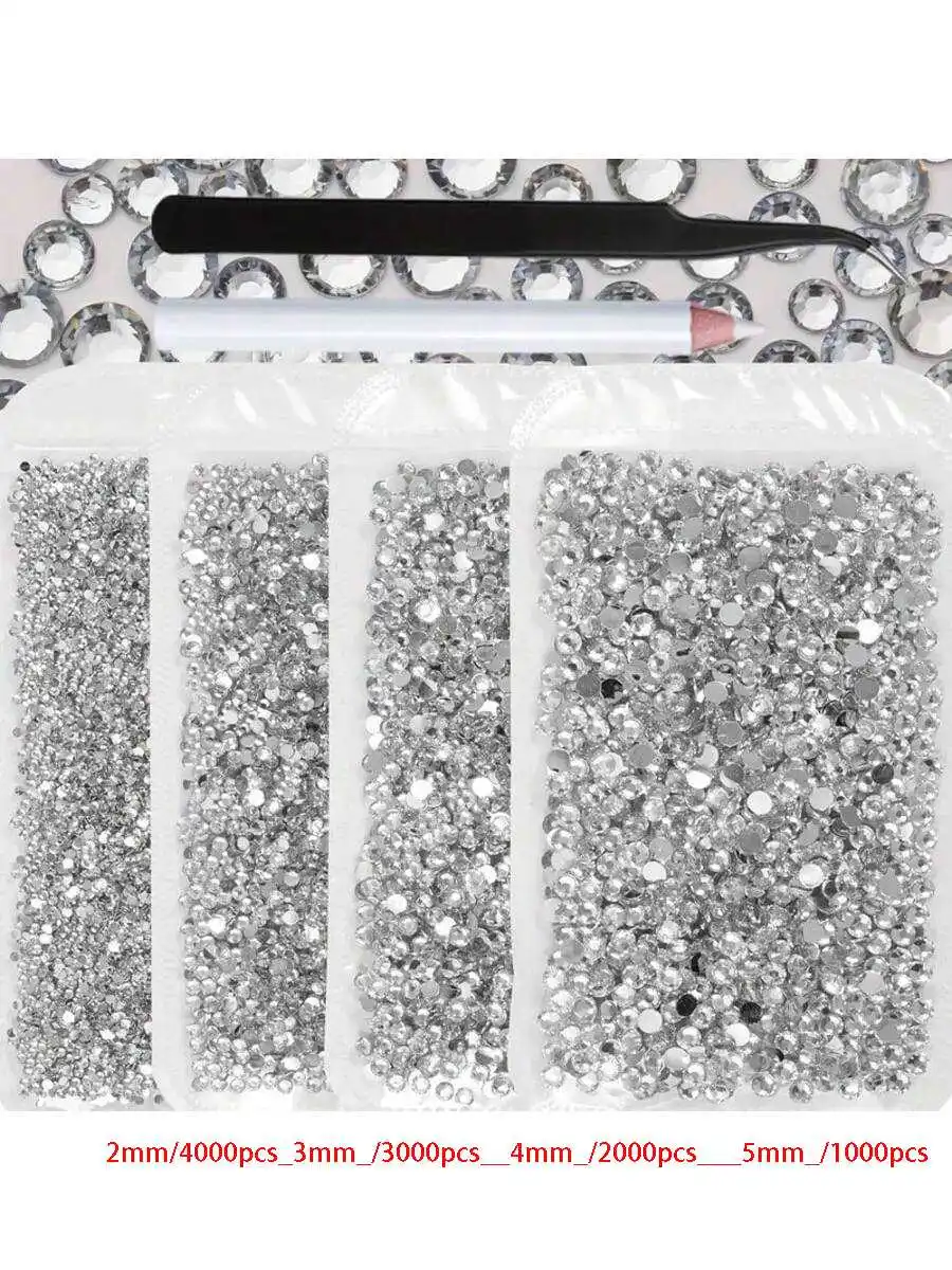 鮮やかなラインストーンの4袋セット、サイズは2mm、3mm、4mm、5mm、合計10000個、ピックとピンセット付き、ホットフィックスではありません。