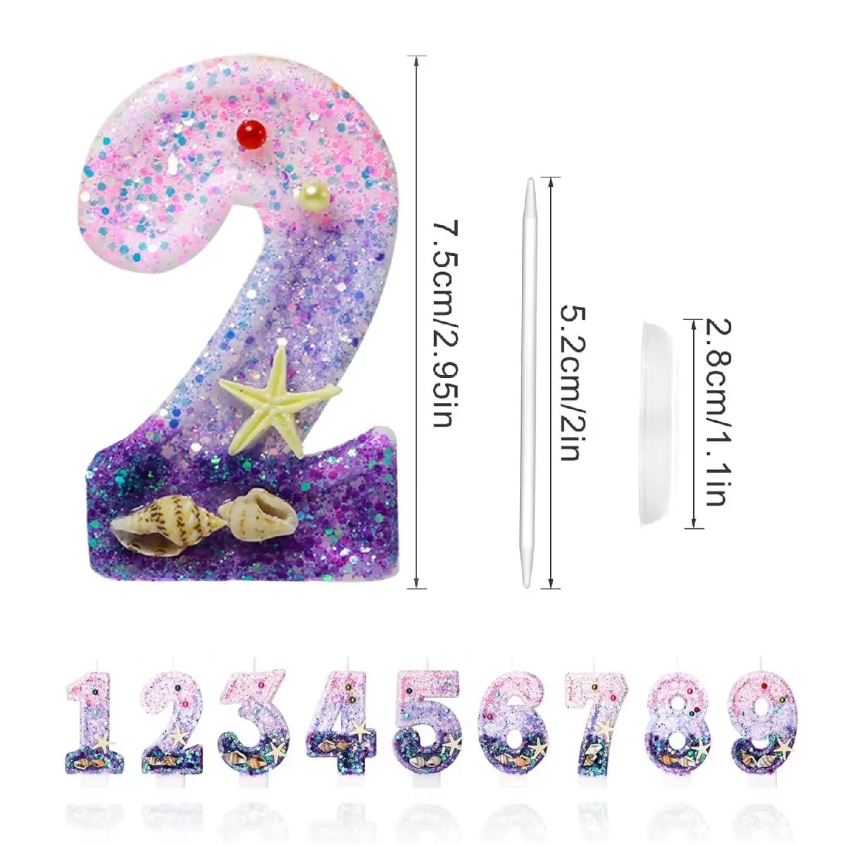 2.9inch Pink mermaid number candle happy birthday ocean beach candle suitable for birthday party cake decoration, anniversary