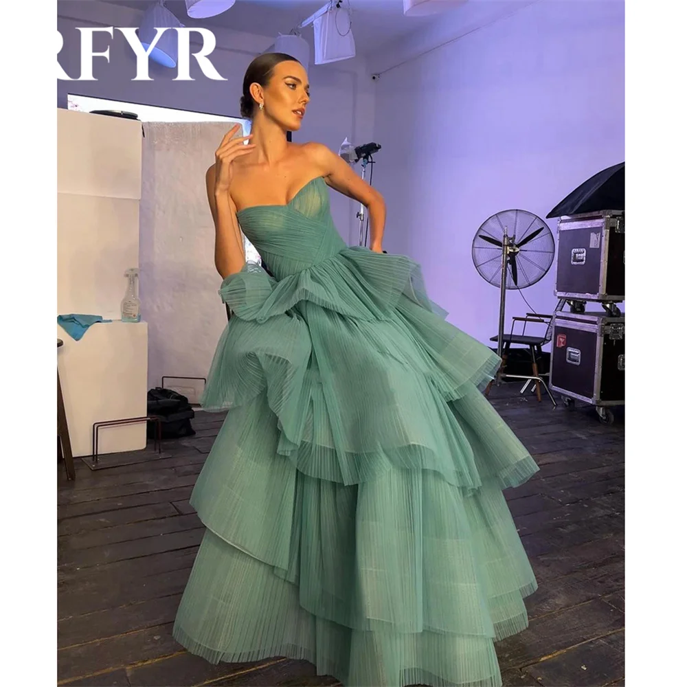 RFYR Vestidos De Noite Verde A linha De Tule Mulheres Prom Vestido Princesa Tiered Plissado Querida Formal فساتين مناسبة رسمية Personalizado