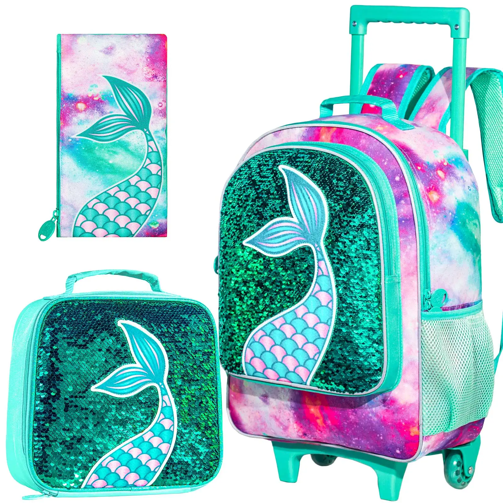 

3PCS Rolling Backpack for Girls Boys, Kids Roller Wheels Bookbag, Wheeled School Bag with Lunch Bag