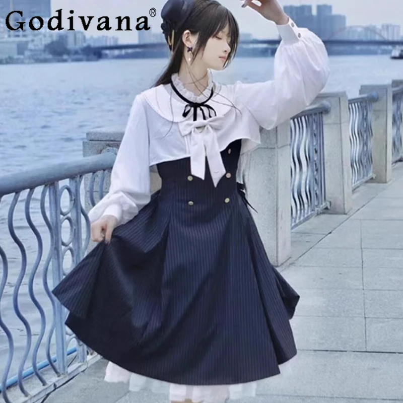 

Autumn Winter Lolita JSK Dress Outerwear Cardigan Set Women's Japanese Style Sweet Dress Girls Princess Black White Dress