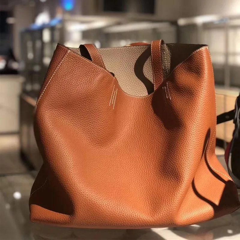 

VOLVAETEC Leather Shoulder Women's Bag 2025 Summer New Double-sided Shopping Bag First-layer Cowhide Large-capacity Tote Bag