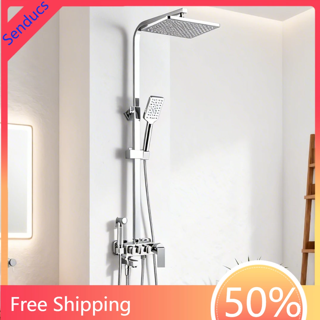 Chrome Thermostatic Shower System 12 Inch Rain Shower Head Brass Hot Cold Mixer Faucet Complete Bathroom Shower Set