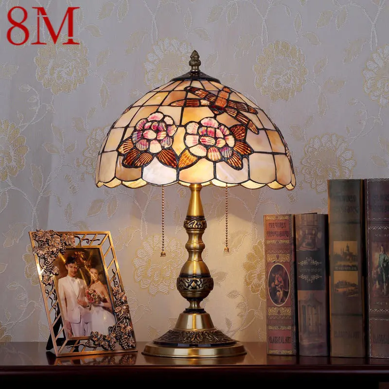 

8M Modern Brass Table Lamp LED European Creative Tiffany Shell Decor Bedside Desk Light for Home Living Room Bedroom