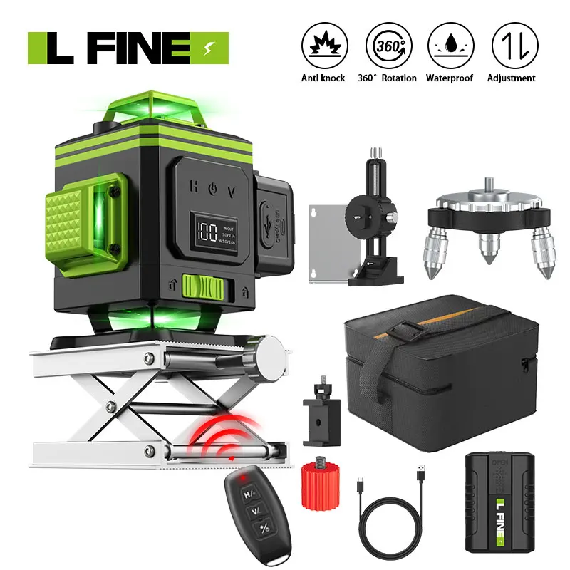 Lfine Nível Laser Autonivelante hd Power Display Nivel Laser 4d 16 Linhas Laser 360 ° com Telecontrole e Ferramentas de Construção de Base