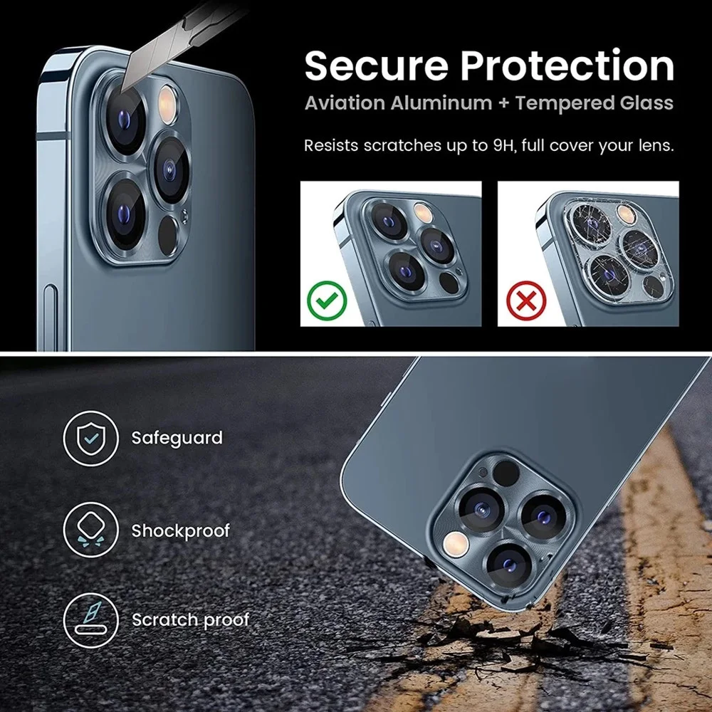 واقي زجاجي لعدسة الكاميرا المعدنية لهاتف آيفون 11 12 13 14 15 16 Pro Max Mini 14Plus 15 Plus عدسة خلفية زجاجية عالية الوضوح للغاية