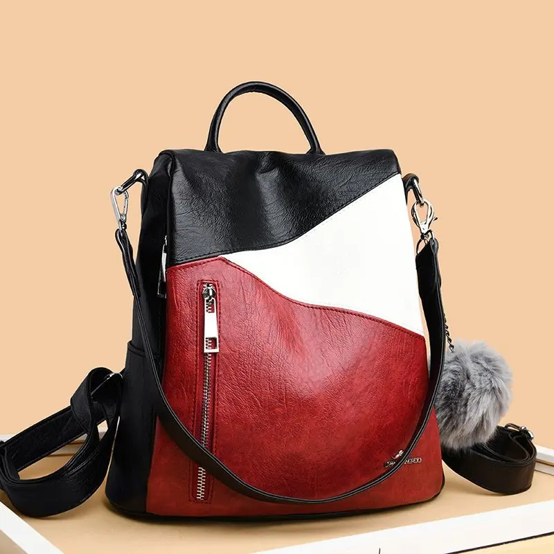 Fashionable Patchwork Design Backpack High Quality Leather Bagpack Luxurious Women Anti Theft Mochilas Large Capacity Travel Bag