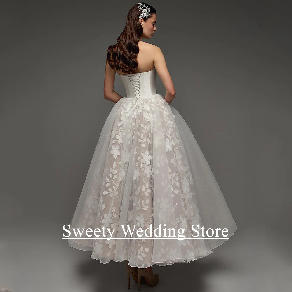 Pretty Wedding Dress Customized Strapless Sleeveless Exquisite Lace Ankle Length Corset Bridal Gown Vestido De Noiva