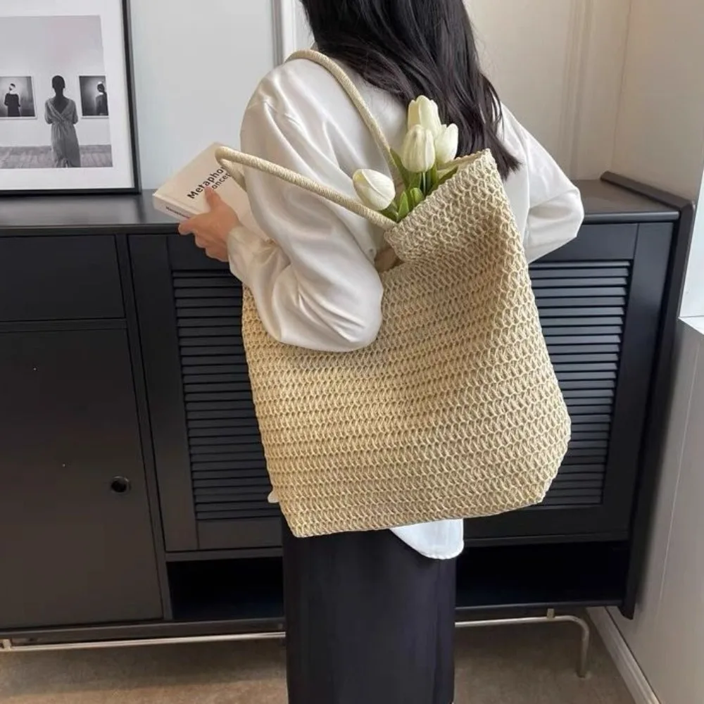 

Fashion Elegant Straw Hobo Bag Large Capacity Hollow Out Crochet Mesh Tote Bag Underarm Bag Spacious Simple Shopping Bag Travel