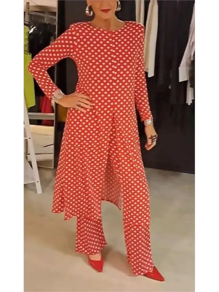 Spring Autumn Fashion O-neck Slit Long Top Long Pant Sets Women Casual Long Sleeve Loose 2Pc Outfit Elegant Polka Dot Print Suit