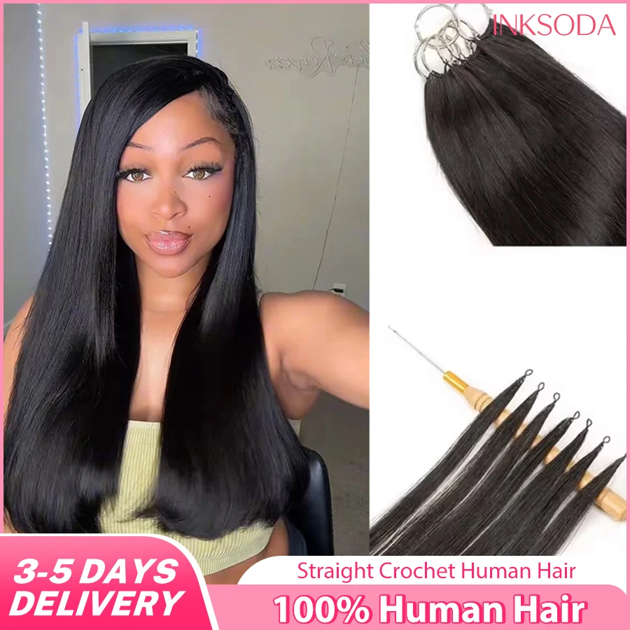 

30-дюймовые прямые волокнистые волосы для наращивания крючком, 100% натуральные человеческие волосы, предварительно разделенные, без узлов, многоразовые, с предварительно присоединенными петлями, натуральный черный цвет