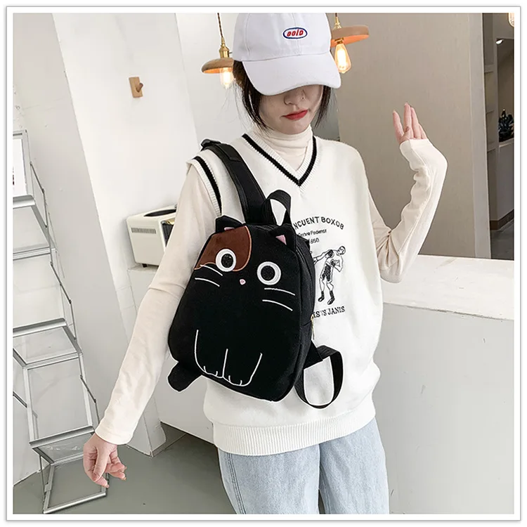 Kawaii Cat Cartoon Canvas Backpack New Korean Style Student Schoolbag Funny Large Capacity Outdoor Travel Bag Creative Cute Gift