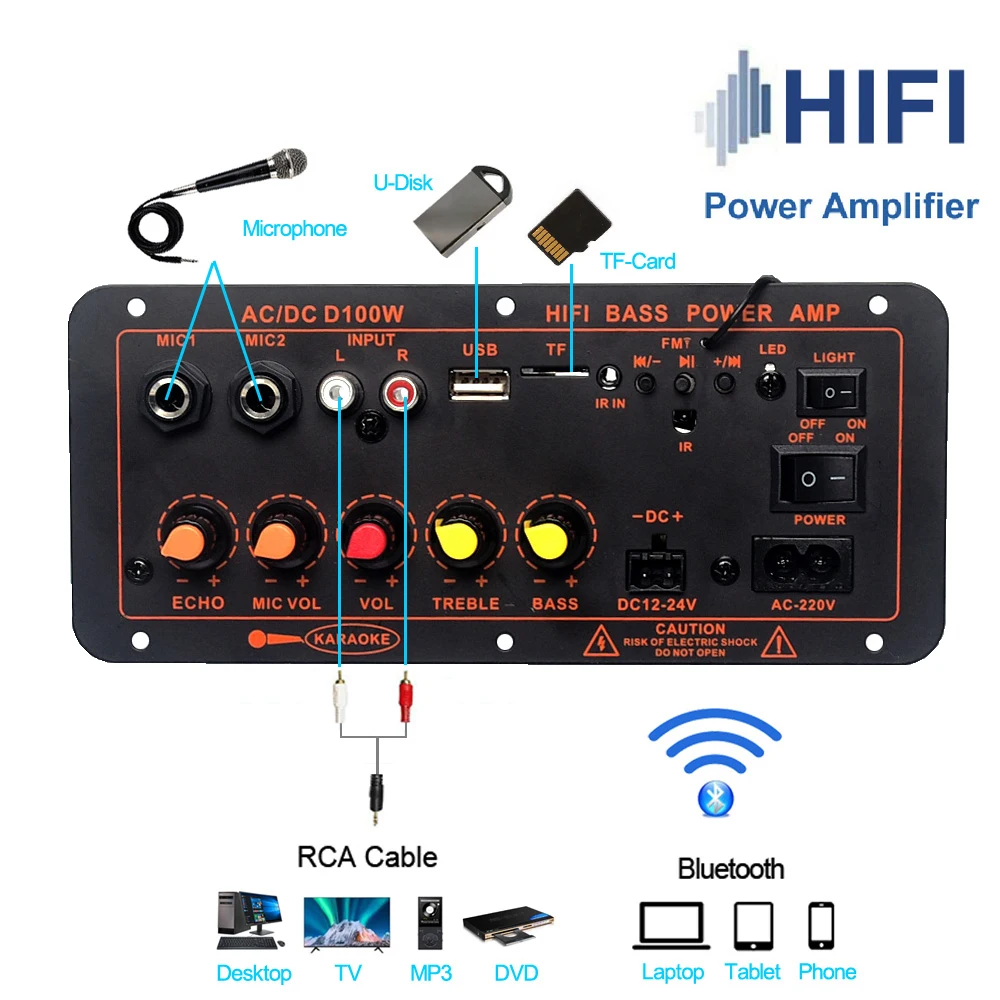 D100 D300 Audio Amplifier Board 600W Support Dual Microphone Bluetooth Amplificatore Subwoof for 4Ohm Speaker 12V 24V 110V 220V