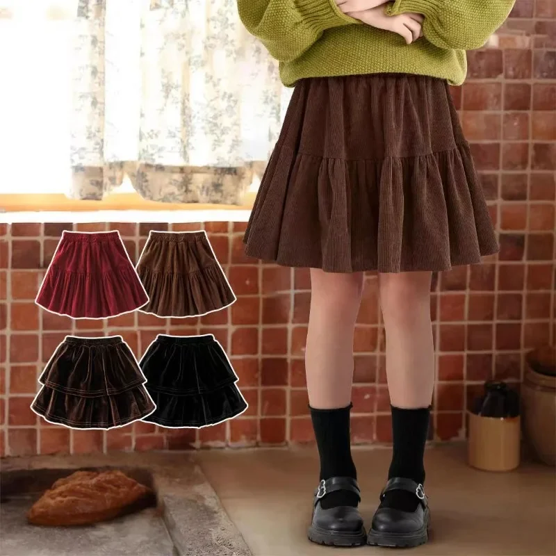 Corduroy Girls' Plus Size Retro Half Skirt Vintage Versatile Skirt for Big Kids School Party Casual Wear Non Slip Durable Fabric