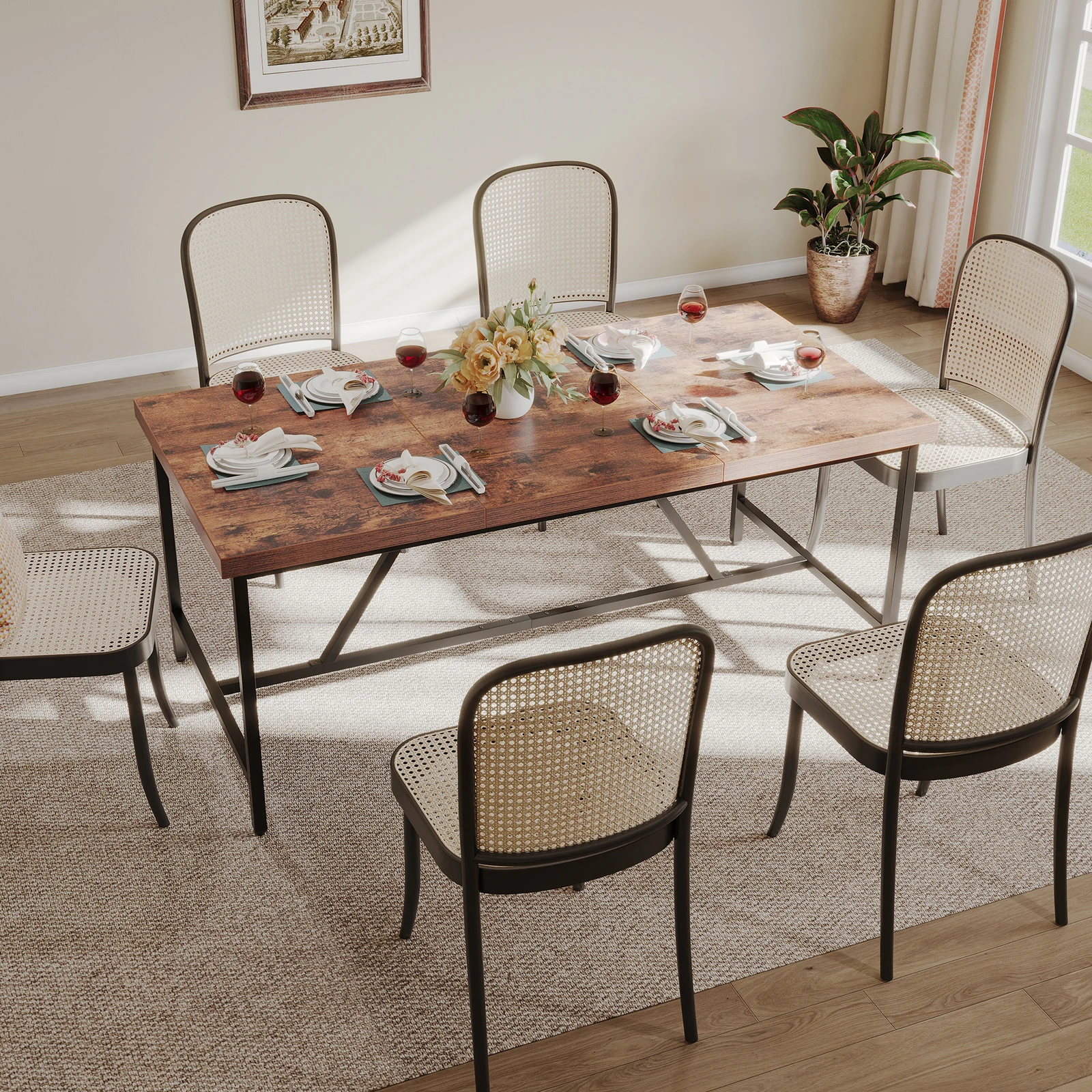 طاولة طعام خارجية للفناء تتسع لـ 6-8 أشخاص، أثاث حديقة طاولة عشاء خشبية