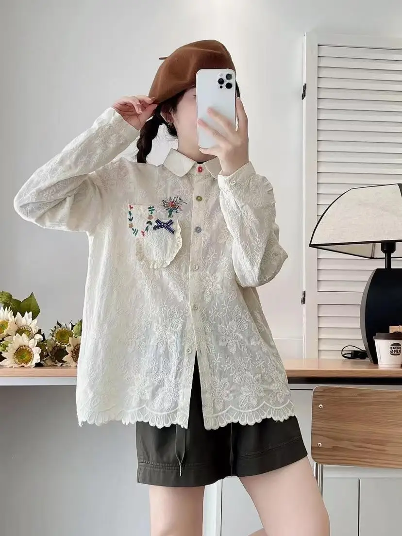 Neue Herbst Baumwolle Langarm Shirt, Frauen Revers Stickerei Tops, Mori Mädchen Japan Stil Pendeln Lose Bluse, Winter T4N516CC