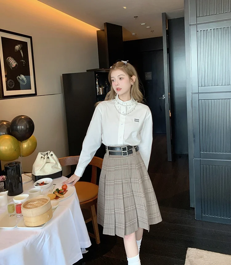 

Chil Sung Paris Street Tassel Hem Aosphere White Cotton Long Sve Women's irt Sweet Sle Loose Fit ort Length Pure C...