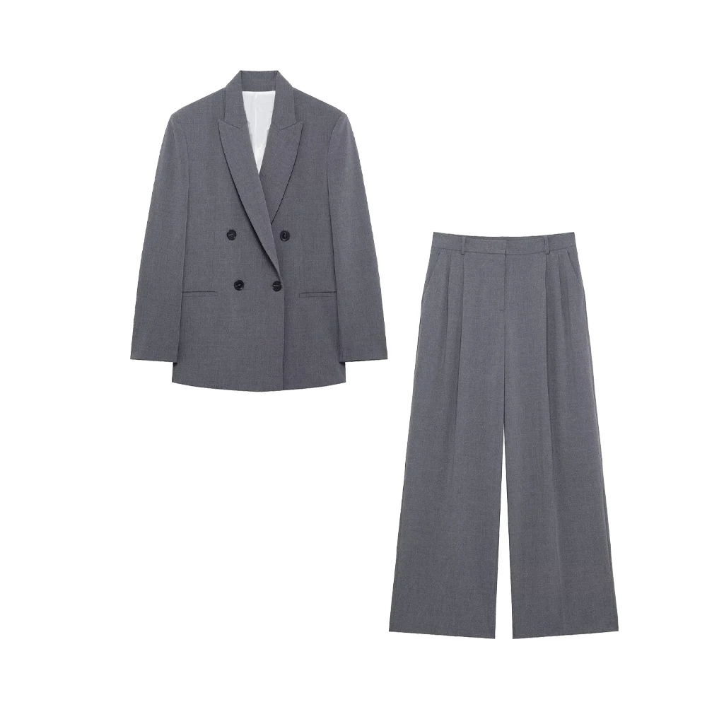 

женский двубортный пиджак с подкладкой на плечах, широкие брюки, новый весенний женский костюмный комплект