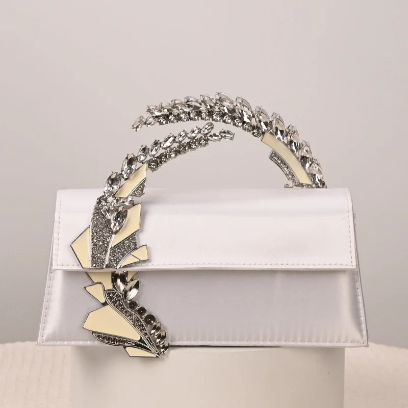 French Style Fairy Irregular Diamonds Inlay Handle Trapezoidal Evening Bags Retro Satin Wedding Bridal Boutique Clutch Purses