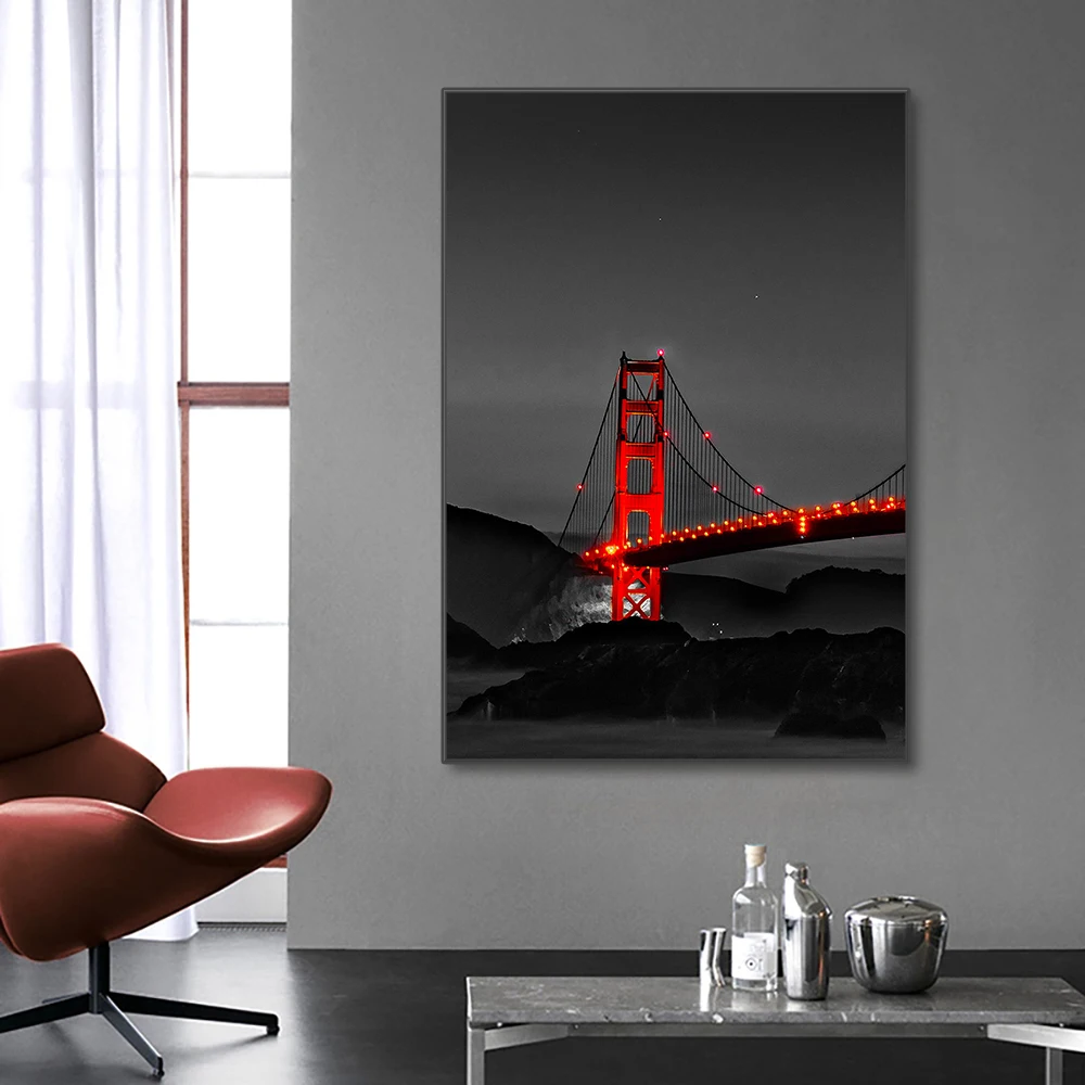 3PCS Frameless Poster Golden Gate Bridge Night Landscape Canvas Painting Wall Art Prints Pictures for Living Room Home Decor view 4