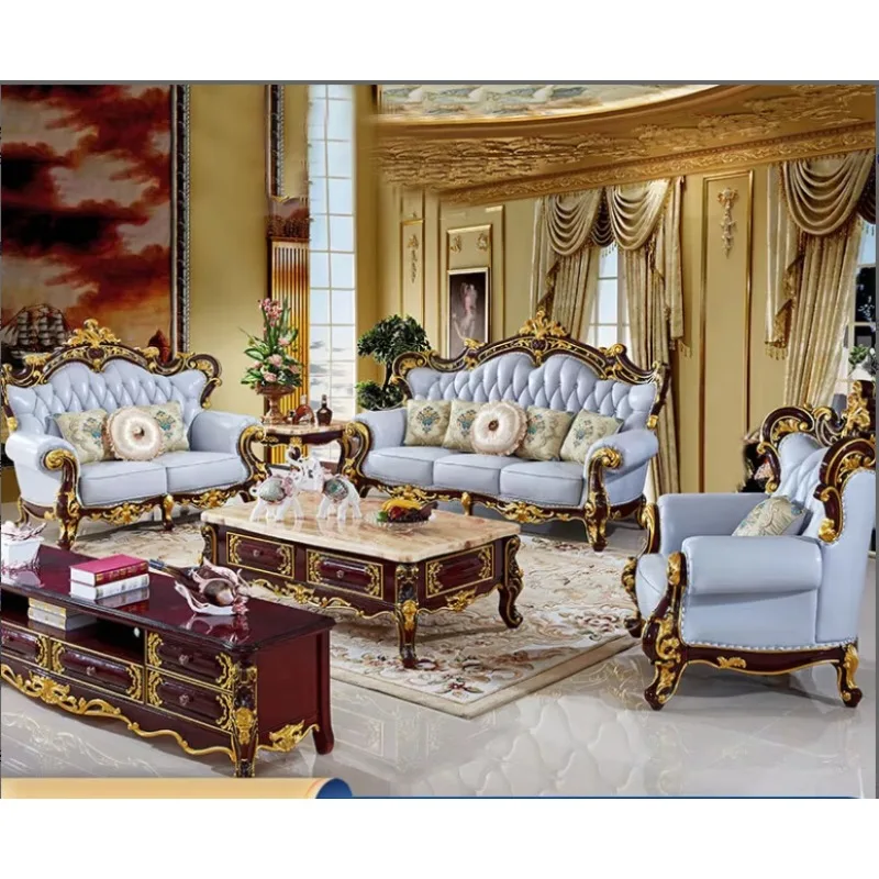 European-style Villa Leather Sofa Solid Wood Carved Design Living Room Furniture 1+2+3 Sectional Set Vintage Home Furniture
